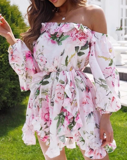 

Women's Elegant High Waist Dresses Temperament Commuting 2024 Summer 3D Flower Printed White Off Shoulder A-Line Fairy Dress