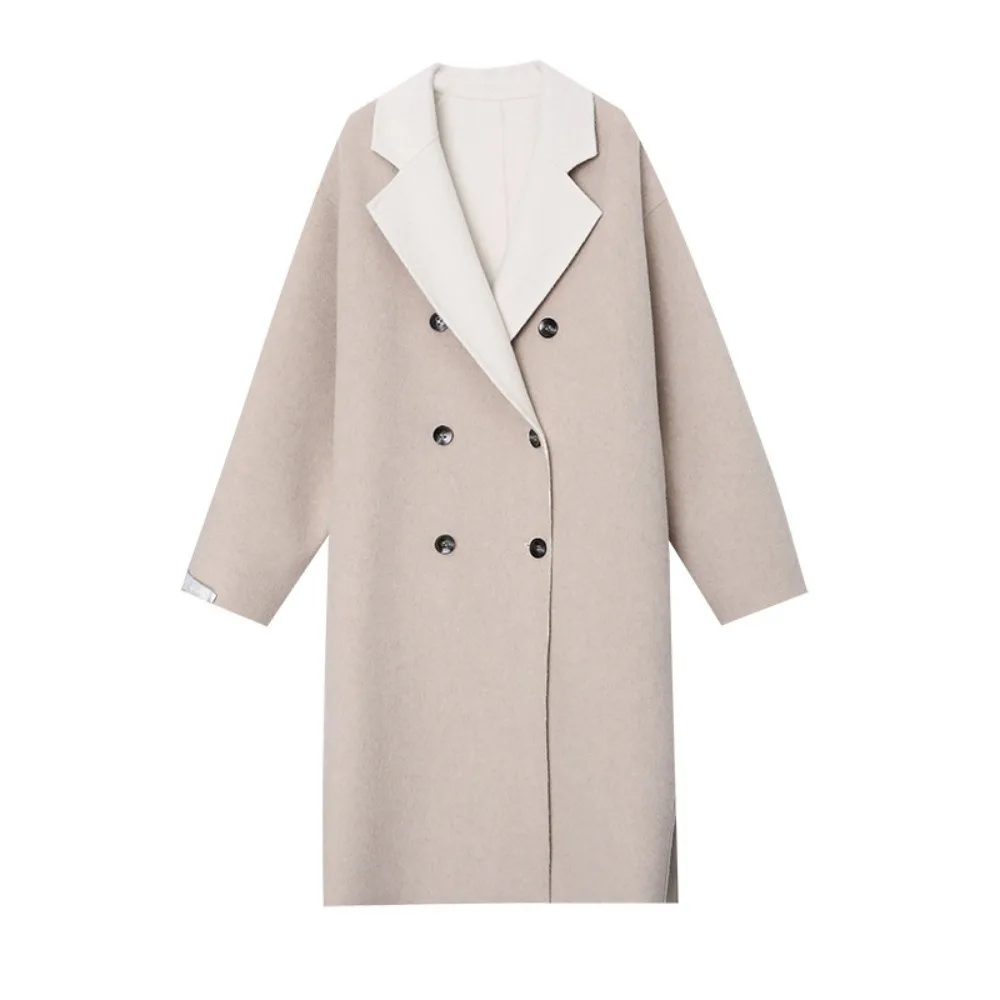 GALCAUR Elegant Patchwork Lace Up Wool Coat For Women Lapel Long Sleeve Spliced Double Breasted Temperament Winter Coats Female