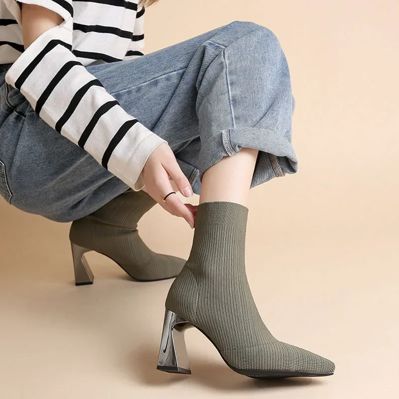 Elastic Fabric Socks Boots Women\'s Shoes Metal Square Heel Camel Knit Pointed Short Boots Fashion Sexy High Heels Botines Mujer