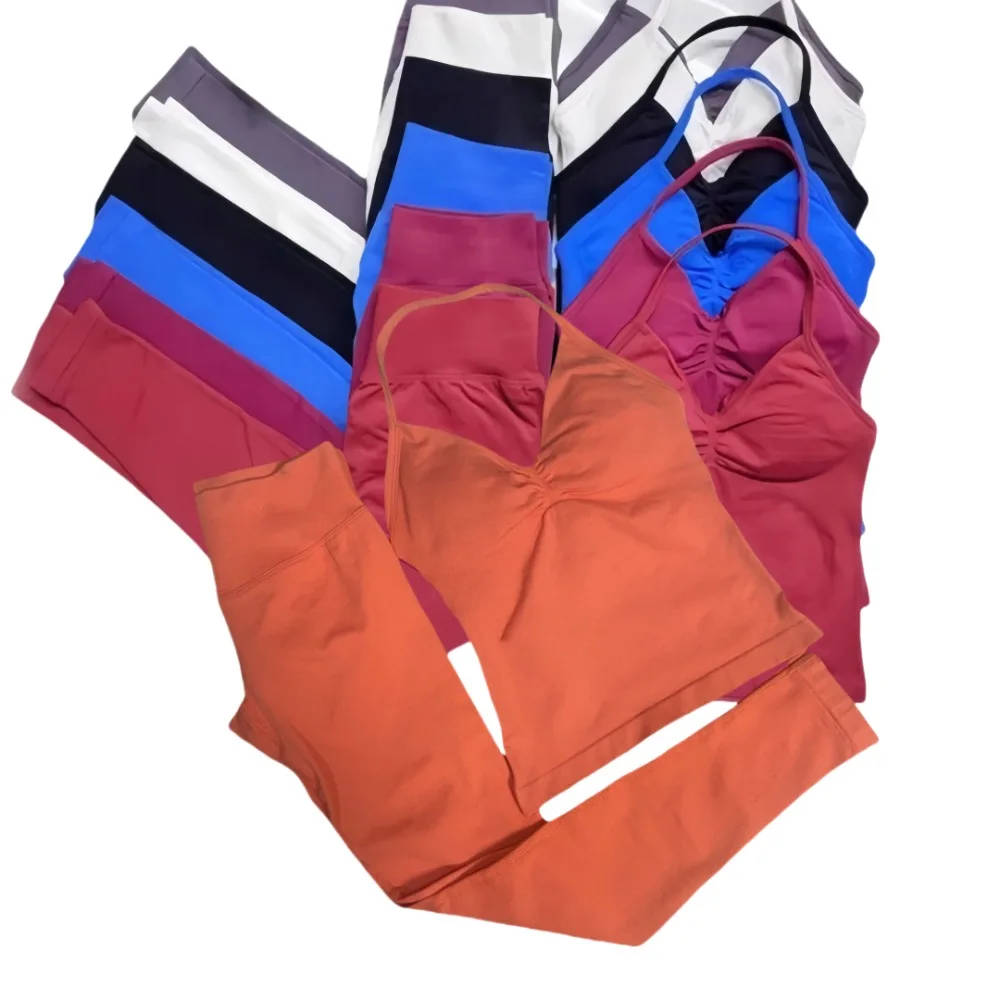 

2025 More Ladies Gym Training Leggings and Neck Tank Yoga Fitness Seamless Pilates Clothing Workout Sportswear 2-Piece Yoga Set