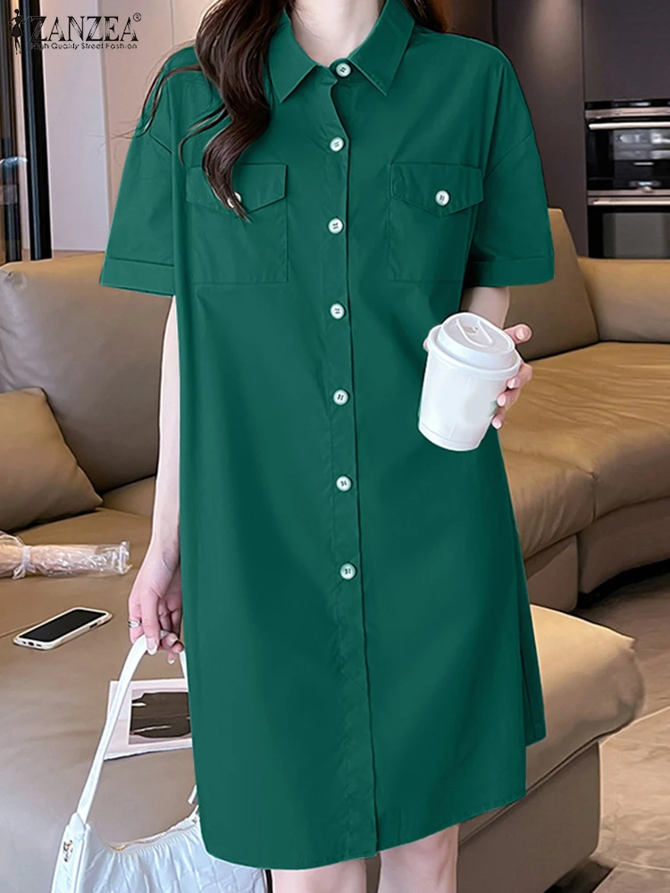 ZANZEA verano elegante solapa cuello manga corta vestido veraniego mujer camisa vestido elegante sólido OL vestido de trabajo hasta la rodilla Vestidos Kaftan