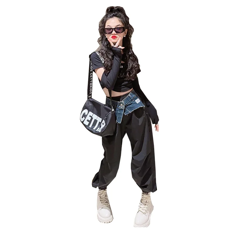 Hip Hop Kids Clothes Girls Sets Slim T-shirt Tops High Waist Black Denim Wide Leg Pants Jazz Girl Dance Suits Spring Autumn 2024