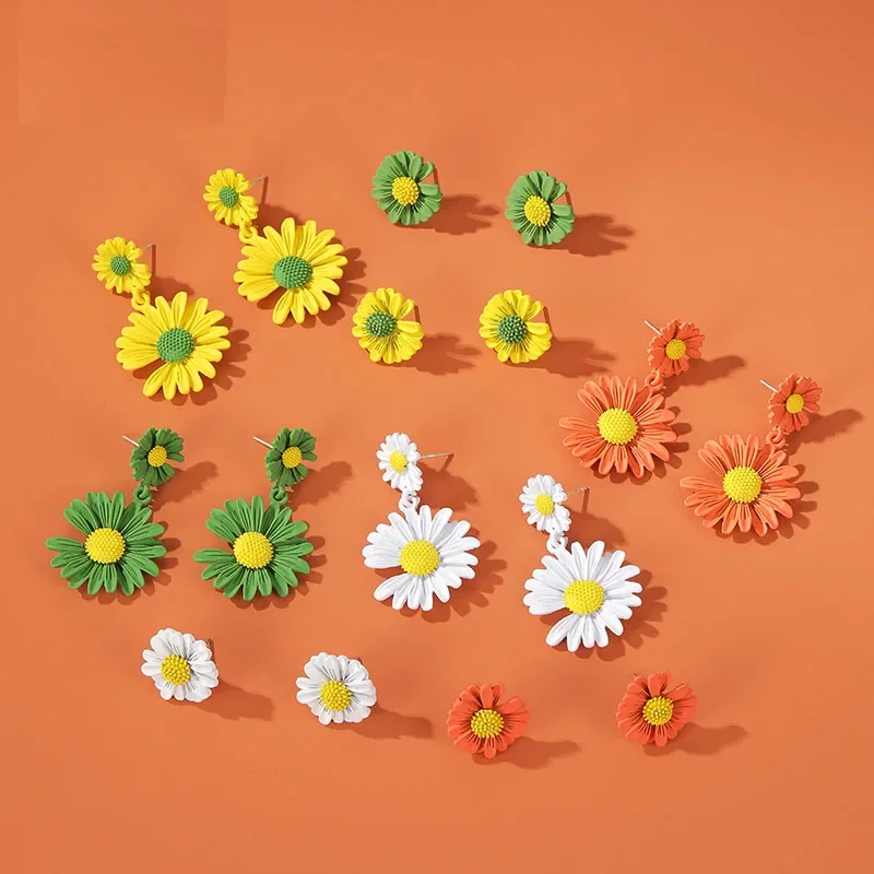 Cute Colorful Single Double Two Flowers Daisy Green White Orange Yellow Pink Simple Alloy Stud Earrings for Women & Children