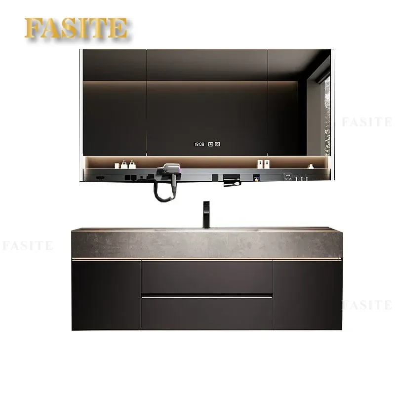 For French Cream Style Rock Slab Hot Bending Integrated Basin Bathroom Cabinet Solid Wood Combination Smart Hand Wash