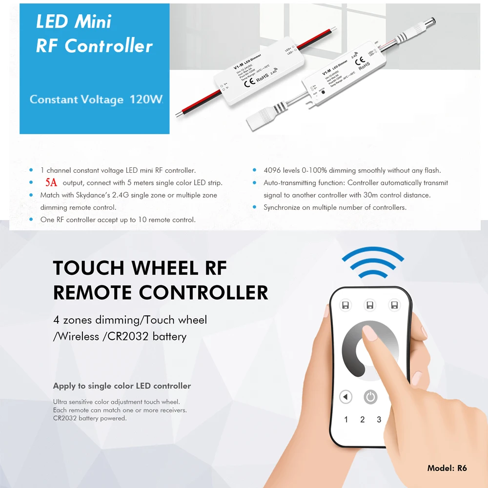 4 Zone Mini RF LED Dimmer Controller 1Channel Single Color DC12V 24V Smooth Dimming Switch With 2.4G Ultrathin Remote Control