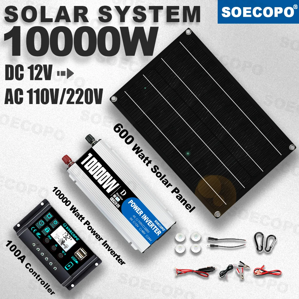 SOECOPO 10000W Photovoltaic Power System 12V to 110V220V Inverter 600WFlexible Panel 100AController for Off Grid Home RV Camping