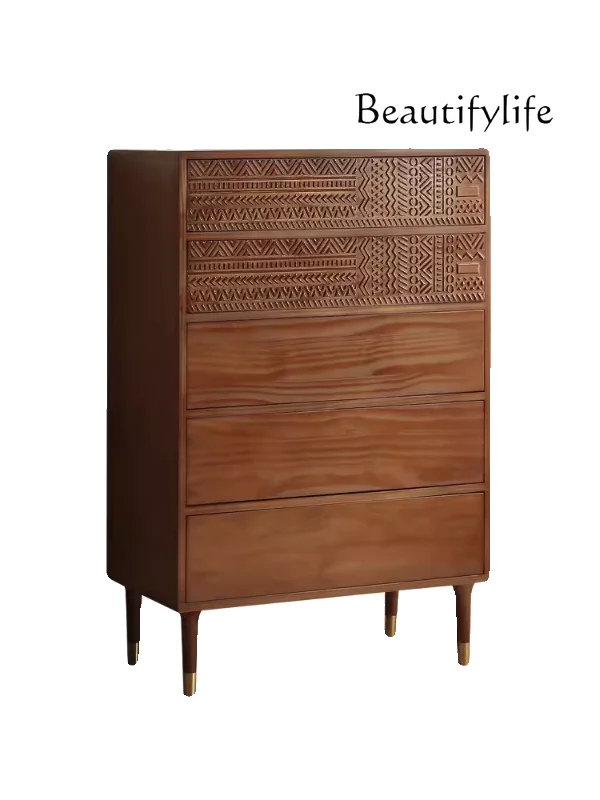 Nordic Sideboard Cabinet Mid-Ancient Retro TV Cabinet Bed & Breakfast Solid Wood Art Carved Side Cabinet