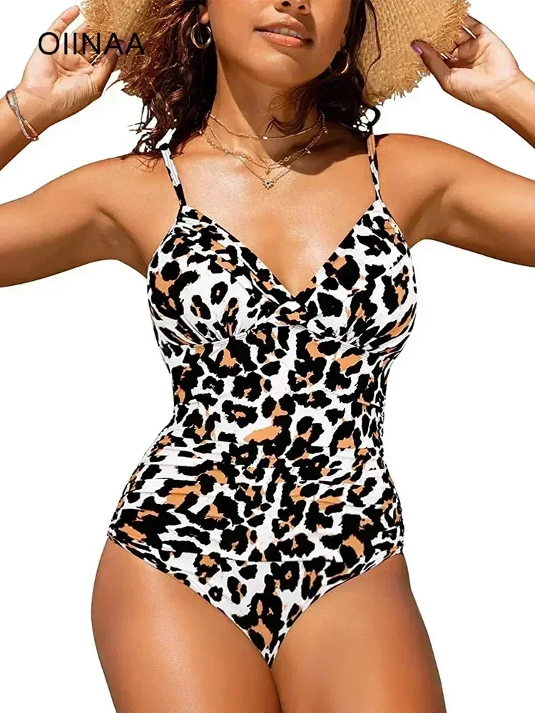 

OIINAA One Piece Swimsuit Women Sexy Solid Pleated Bathing Suit Leopard Printed Bodysuit Bikini Set Summer Fashion New Beachwear