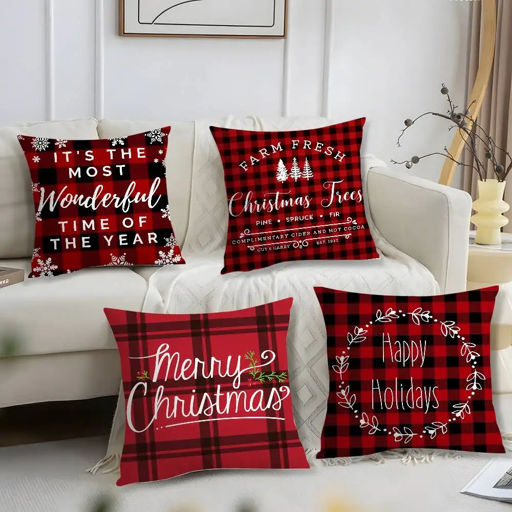 Rot und schwarz karierter Weihnachtskissenbezug, kurzer Plüschdruck, Kissenbezug, quadratisch, Dekokissenbezüge, Sofa, Heimdekoration