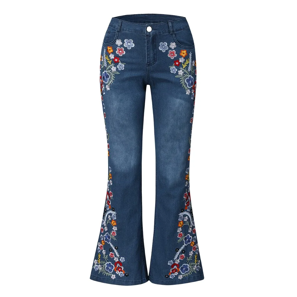 Women Embroidery Destoryed Flare Jeans Y2k Button Waist Bell Bottom Denim Pants Vintage Embroidery Sweatpants Ropa De Mujer