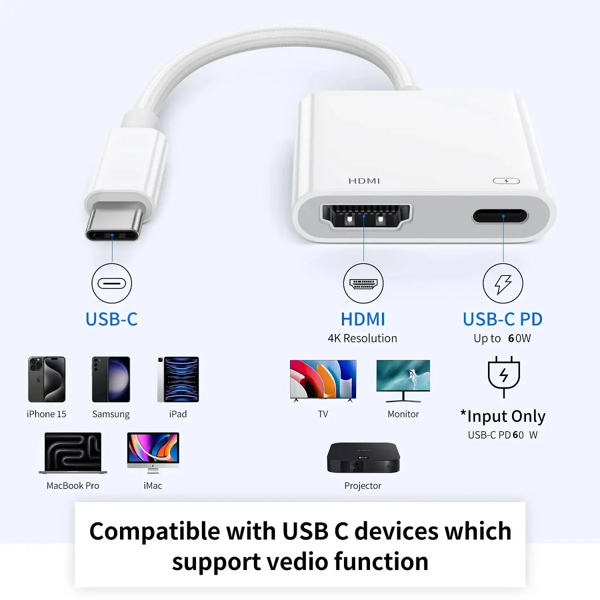 USB C to HDMI Adapter for iPhone 15 to HDTV Projector Monitor Converter Type C Digital AV Adapter 4K Sync Screen Connector Cable