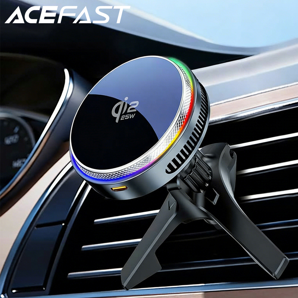 ACEFAST Qi2 25W Magnetic Wireless Car Charger Air Cooling Magnetic RGB Light Phone Holder with Car Lighter Charger For iPhone 17 