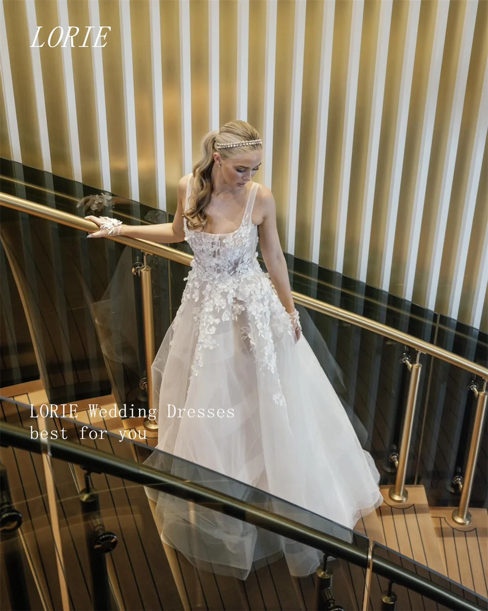 LORIE فاخر ثلاثية الأبعاد ألف خط فستان الزفاف ساحة طوق فساتين زفاف يزين أنيقة الدانتيل ثوب زفاف مخصص 2026 #4