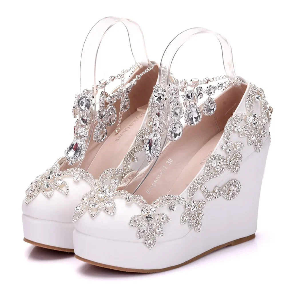 Rhinestone Bride Wedding Shoes Woman Ankle Strap Wedges High Platform Pumps High Heels Party Rhinestone Round Toe Wedges 11 CM