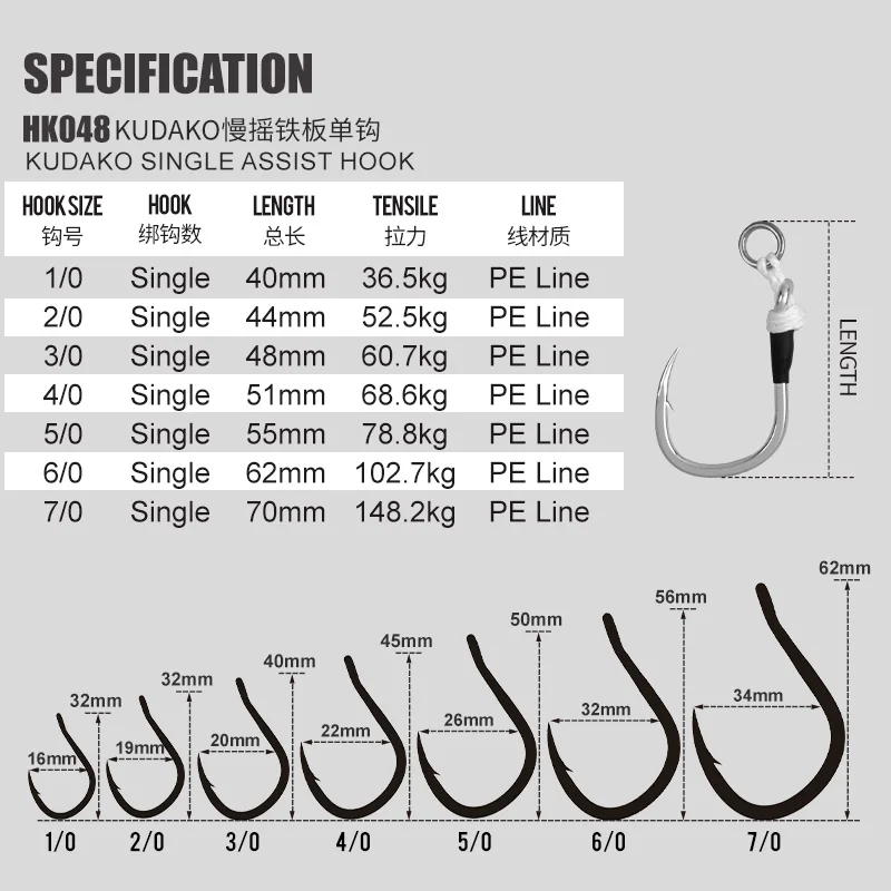 OBSESSION HK048 2pcs/bag Strengthen slow Jigging Single Hook High Carbon Fishing Hooks 1/0-7/0 Saltwater Metal Jig Assist Hooks