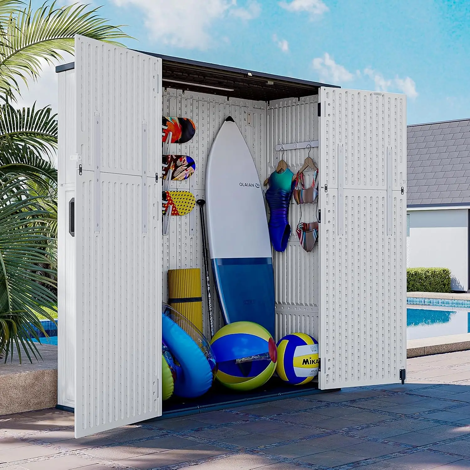 Horizontal Storage Sheds 61 Cu.ft, HDPE Outdoor Storage Box 160 Gallon, Waterproof Lockable Resin Deck Box with Spring-Assisted