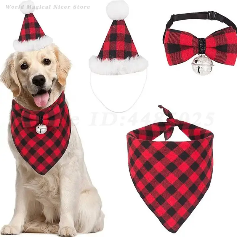 

Classic Plaid Pet Dog Bandanas Bibs Hat Tie Set Christmas Pet Photography Clothing Decoration Halloween Pet Outdoor Funny Prop