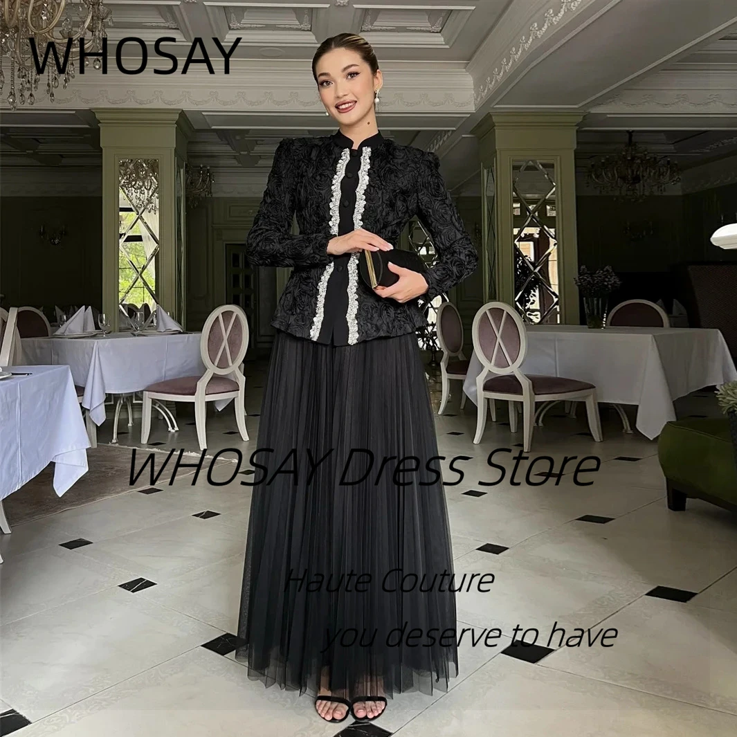 

WHOSAY из двух частей платья для выпускного вечера 2025 черный тюль трапециевидной формы свадебное платье с цветами из бисера и длинными рукавами вечерние платья по индивидуальному заказу