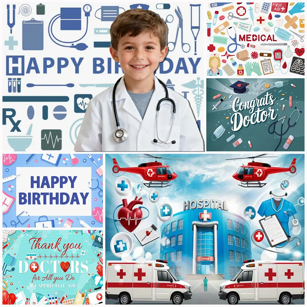 

Doctor Ambulance Nurses Photo Background Cartoon Helicopter Emergency Rescue Thank You Backdrop Kids Birthday Party Decoration
