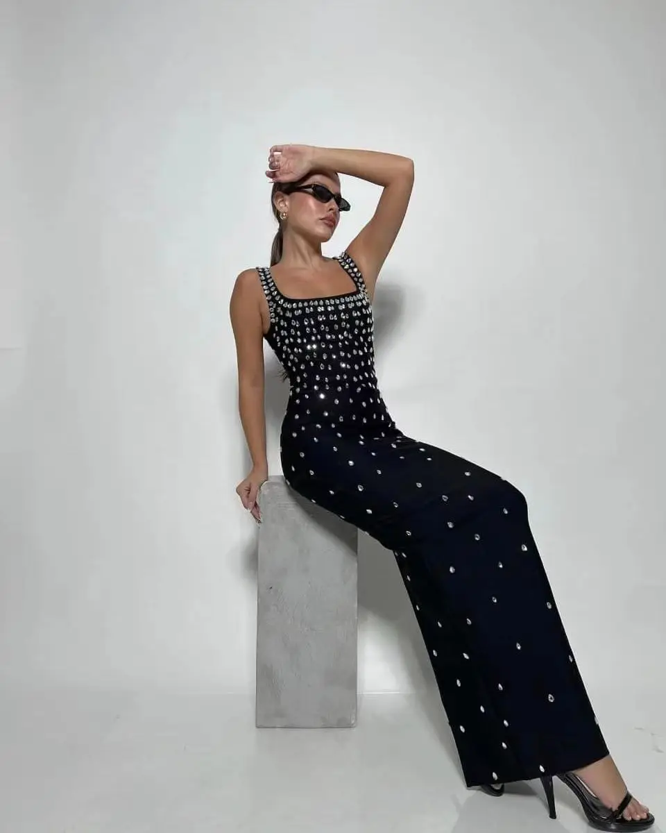 Black Skyblue Women Sleeveless Sexy O-neck Shinning Crystal Bodycon Bandage Long Dress Celebraate Nigthclub Party Outfit