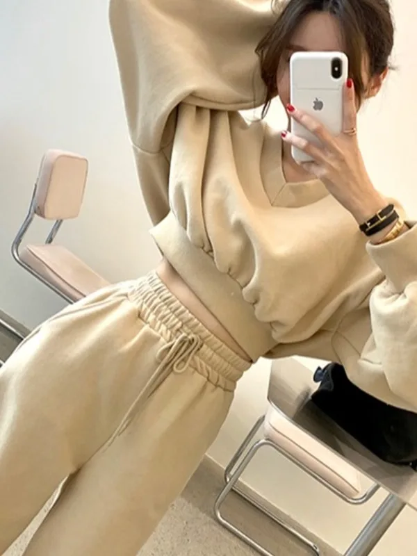 

Chic V-Ne ort Sve Fce Hoodie High Waist Wide Leg Casual Pants Two-Piece Set Women's Faion Autumn Winter Outfit