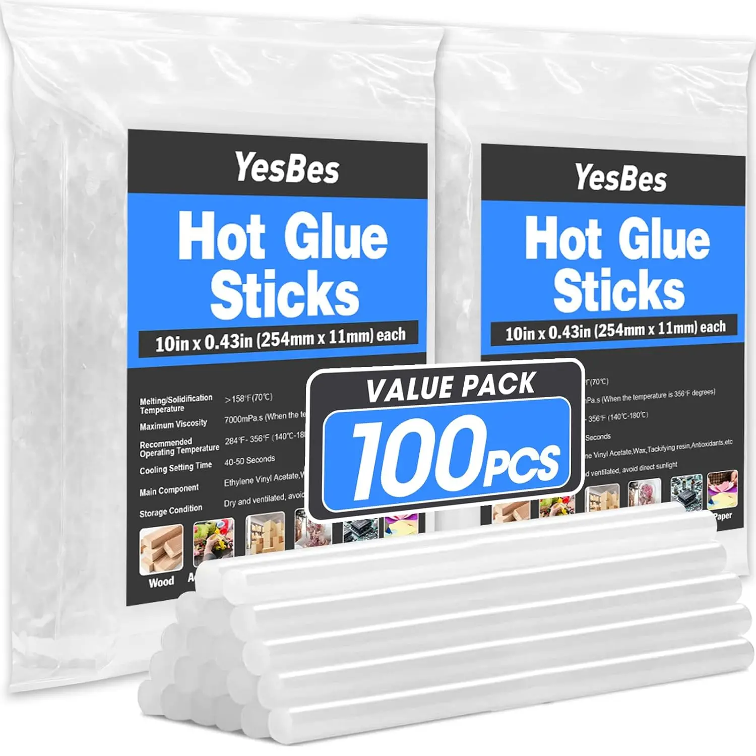 

Full Size Clear Hot Glue Sticks, 10" Long x 0.43" Diameter, 100 Pack for Wood Metal Glass Plastic Fabric Leather Foam