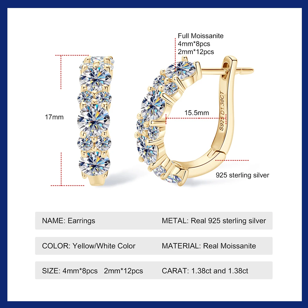 Sweetrain 4mm Moissanite Earrings  for Women Hypoallergenic Diamond 925 Sterling Silver Huggies Earrings for Women Jewerly Gifts