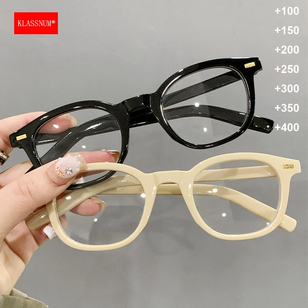 KLASSNUM Men Women Trendy Reading Glasses Vintage Small Frame Magnifing Presbyopic Glasses Anti Blue Light Plus Clear Glasses