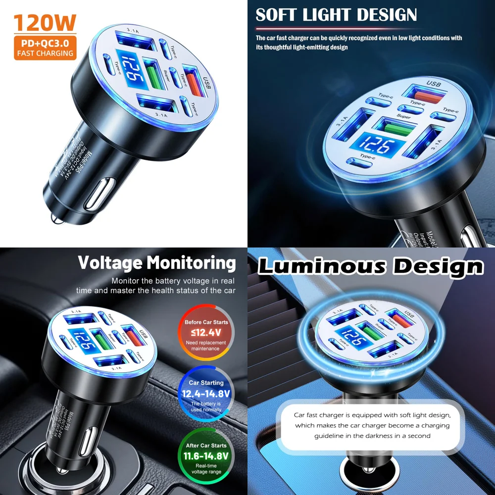 UYUXIO Multi Port USB C Car Charger with Voltage Display 4 PD 4 USB A Super Fast Charge Adapter with Volt Meter for iPhone