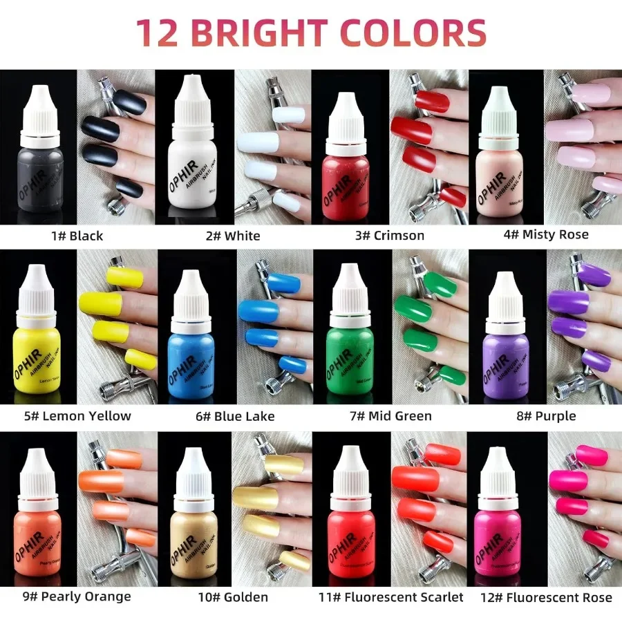 Máquina aerógrafo profesional para decoración de uñas con juego de tinta para pintura de uñas de 12 colores, kit de aerógrafo de precisión de 0,3mm, incluye almacenamiento de plantillas B