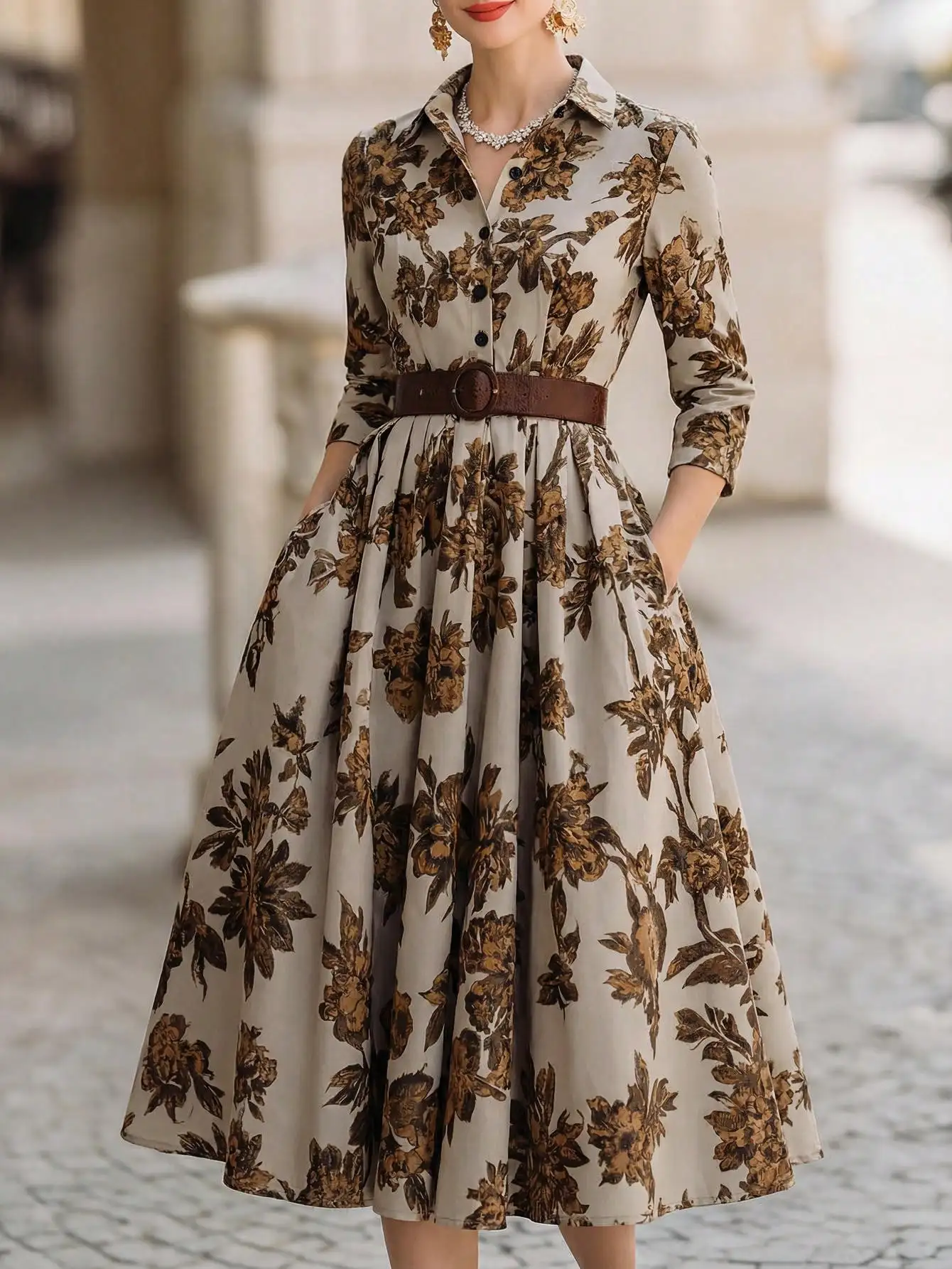 

Elegant Vintage Floral Print Belted Midi Dress With Pockets 3/4 Sleeve