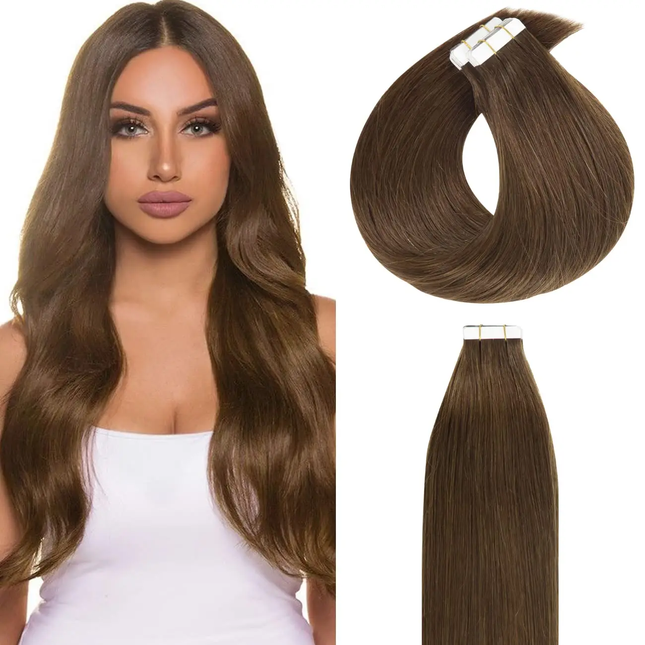 Extensiones de cabello humano 100% sin procesar, cinta recta marrón ceniza, pegamento adhesivo de trama de piel para salón, n. ° 8