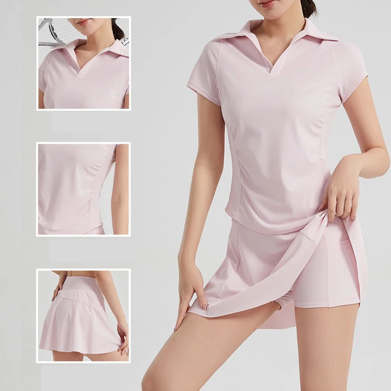 Quick Drying Breathable Badminton Sports Skirt V-Neck Slim Fit Short Sleeved High Waisted Tennis Short Skirt Two-Piece Set