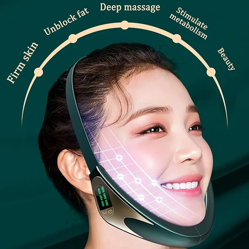 Microcurrent EMS อุปกรณ์ยกกระชับผิวหน้ากระชับสัดส่วนการสั่นสะเทือนความร้อน Double Chin V รูปร่างเข็มขัดยก Face เครื่องนวดประคบร้อน