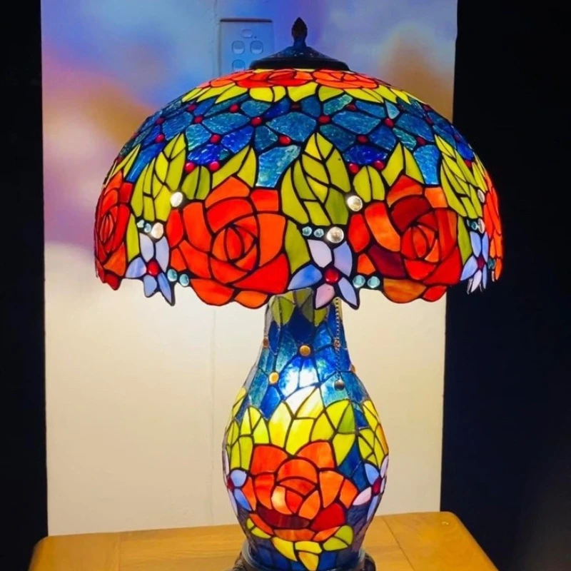 

American retro art deco table lamp bar living room, handmade stained glass
