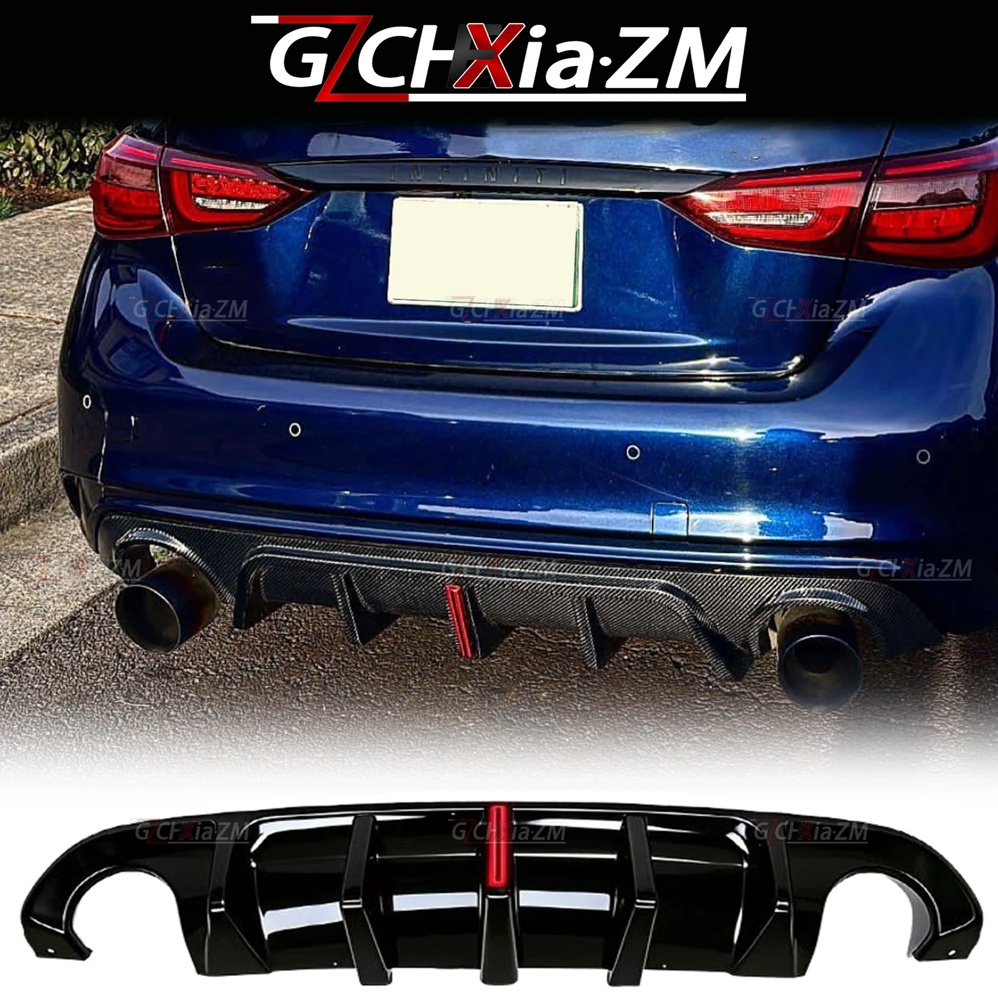 For Infiniti Q50 2014-2022 Rear Bumper Diffuser Spoiler ABS Material Aerodynamic Rear Lip Protection Cover Kit Rear Wing