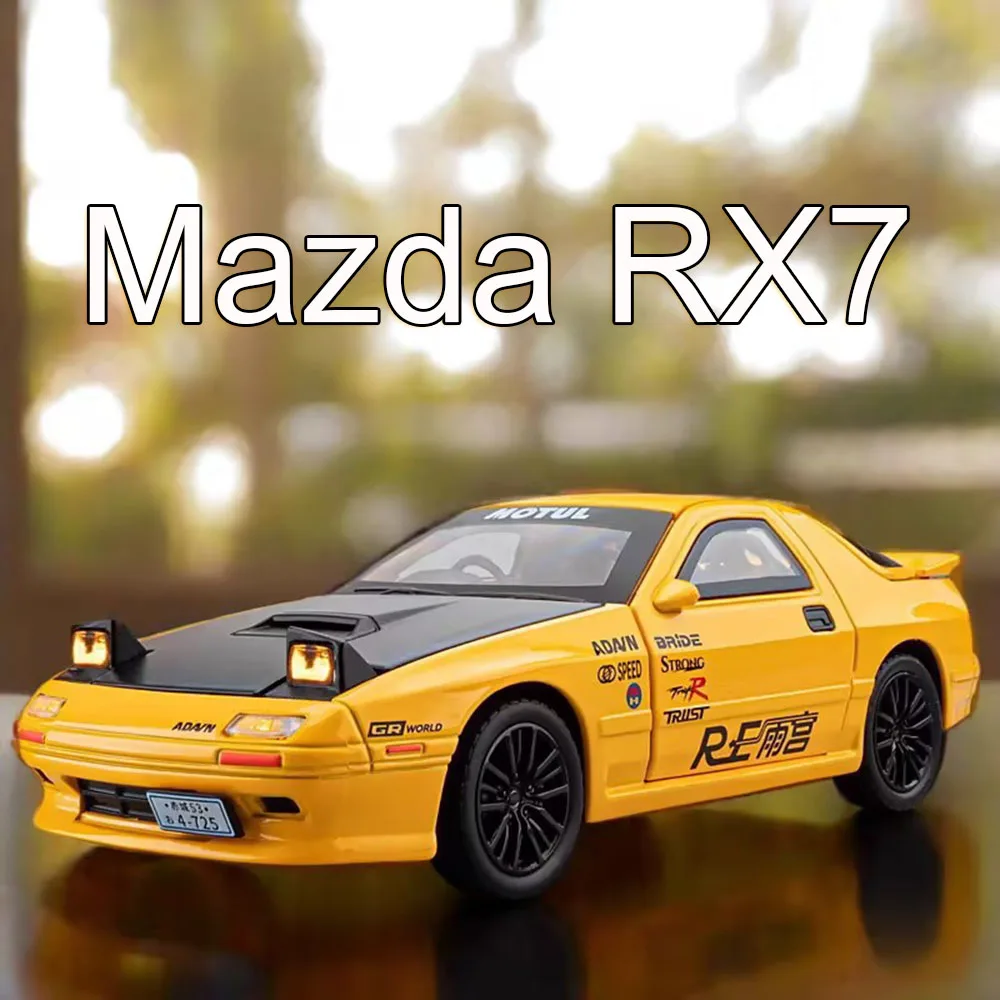 1:32 Alloy Mazda RX7 Cars Models Toys with Light Music Vehicle Rubber Tires Wheel Steering Miniature Supercar Toddler Kids Gifts