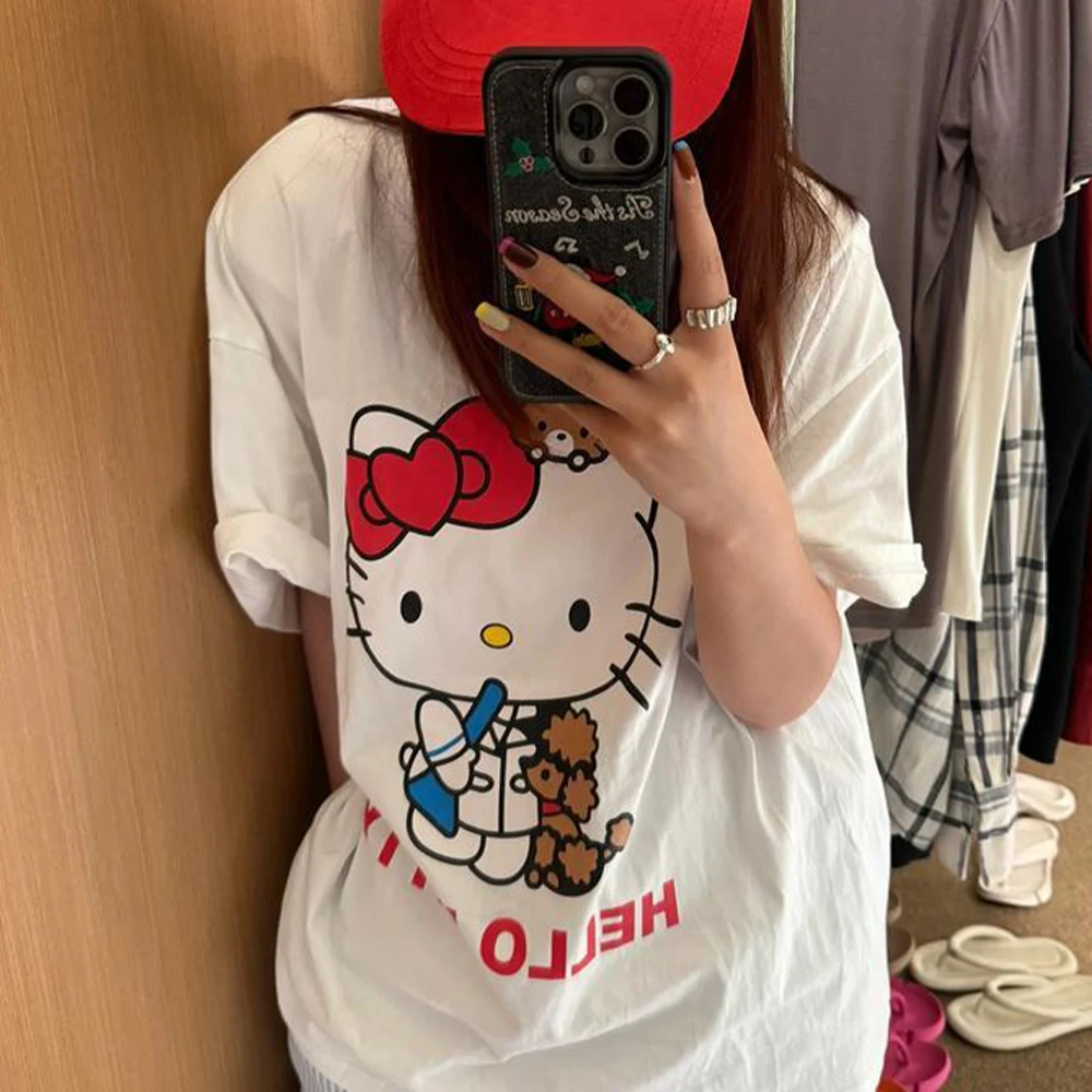 

Anime Hello Kitty Women's T-Shirt Cartoon Print White Short Sleeve Tops, Casual Y2K Cute Summer Student Loose Fashion T-Shirt