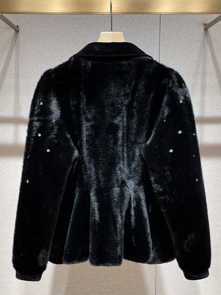 Elegant Women Imitation Mink Fur Jacket Long Sleeve Outerwear Slim Fit Designer Office Ladies Fashion Diamonds Inlaid Short Coat