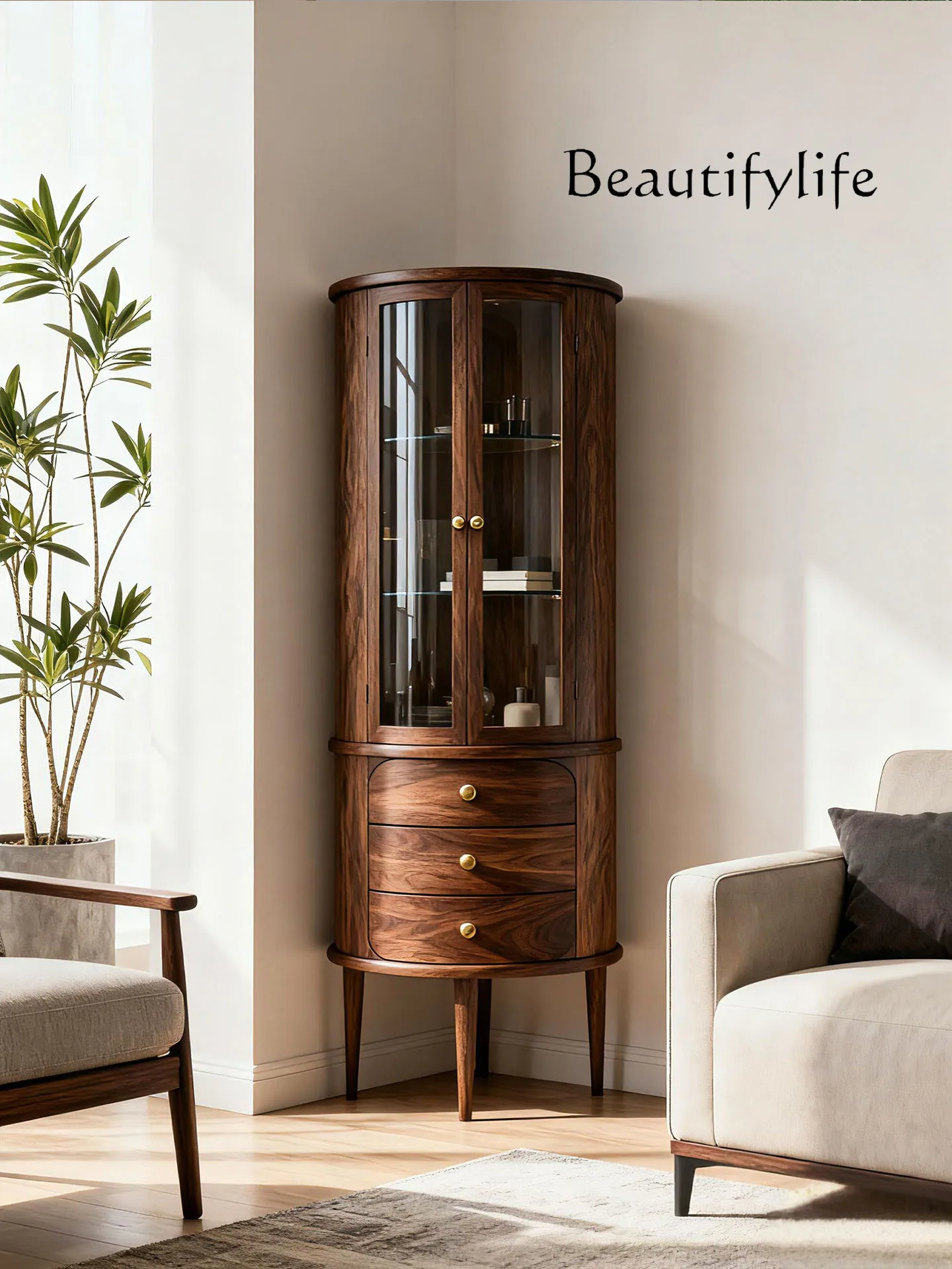 

New Chinese black walnut glass wine cabinet Modern simple light luxury display cabinet Living room against the wall solid wood