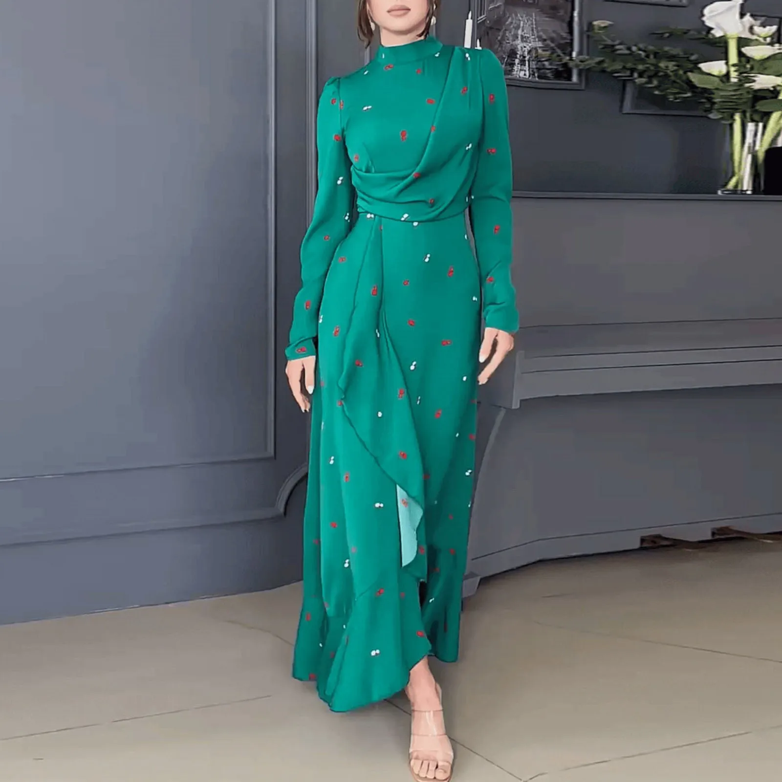 

Elegant Long Sleeved Dress for Women Fashion Style Slim Fit Ruffle Edge Evening Dress Stand Collar Dubai Arab Long Dresses 2024