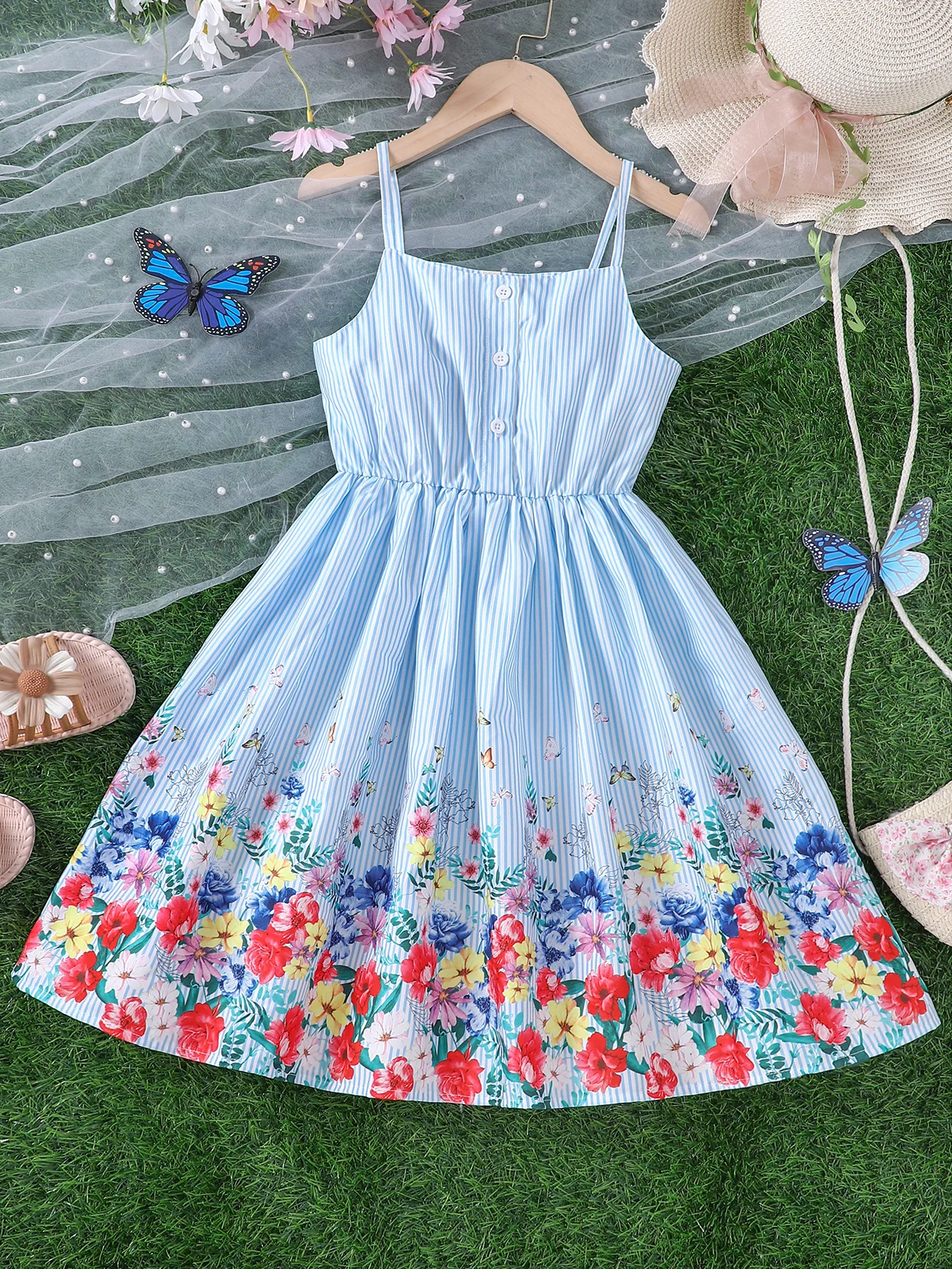 Girls' summer casual holiday style sweet floral butterfly print blue striped slip dress