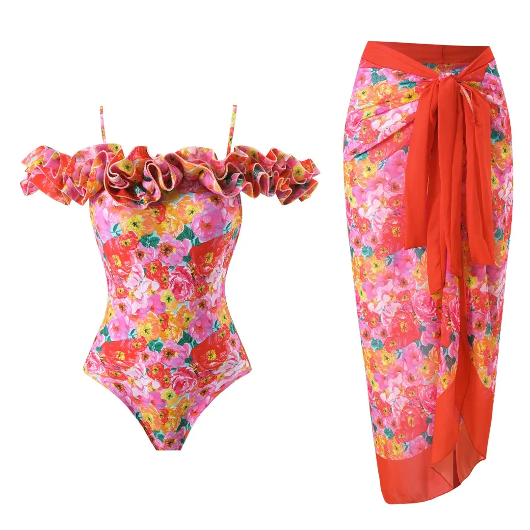 Floral impresso fora do ombro plissado swimwear com capa, conjunto de biquíni sexy, maiô de luxo, praia bodysuit, Monokini, 2022