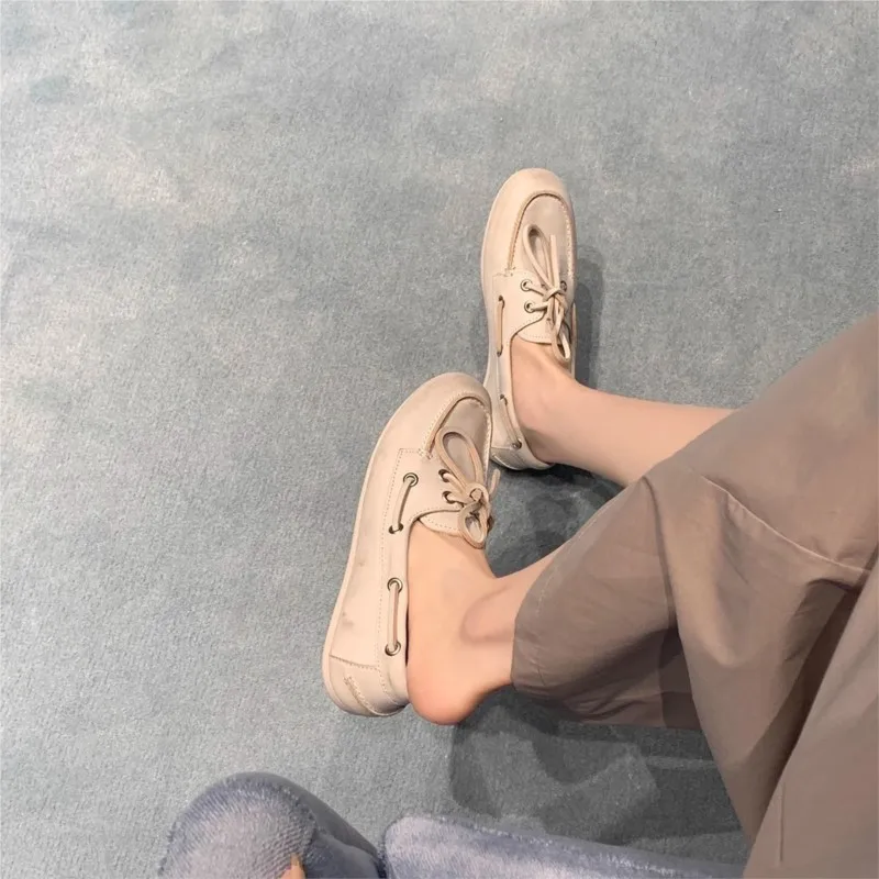 Women\'s Loafers Shoes Genuine Leather High Quality Round Toe Soft Bottom Flat Shoes Lace Up Breathable Ladies Casual Shoes 2026