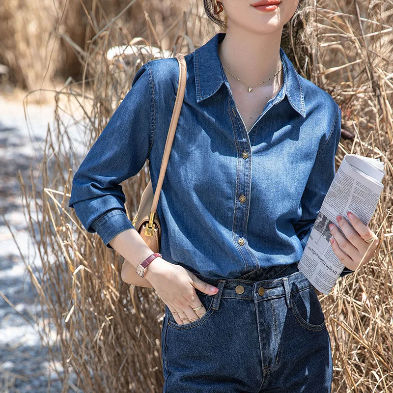 

Женская джинсовая рубашка-топ с эффектом потертости, весна-осень 2026, на одной пуговице, с отложным воротником, блузка для офиса, винтажный стиль, женские топы