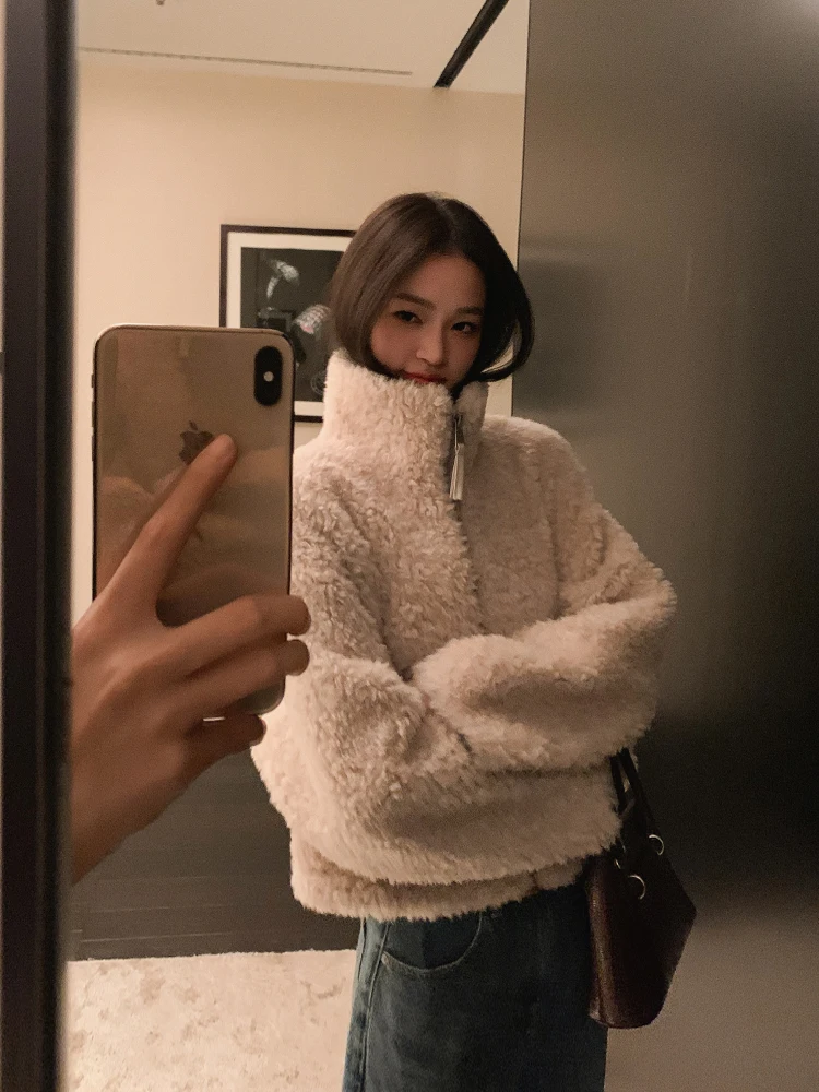 

ZM ZhouMi Australian 00 Lamb Fur Loose Zipper Sweatirt Inteated Fur Leather Coat Women Winter Coat Thiened Long Sve...