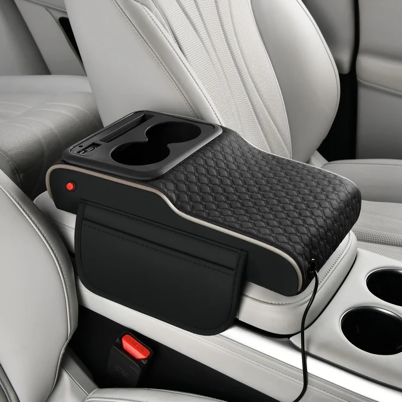 Versatile Car Armrest Pad Featuring Cup Holder Phone Stand USB Charging Side Pockets and Ultra Soft Material for Long Drives