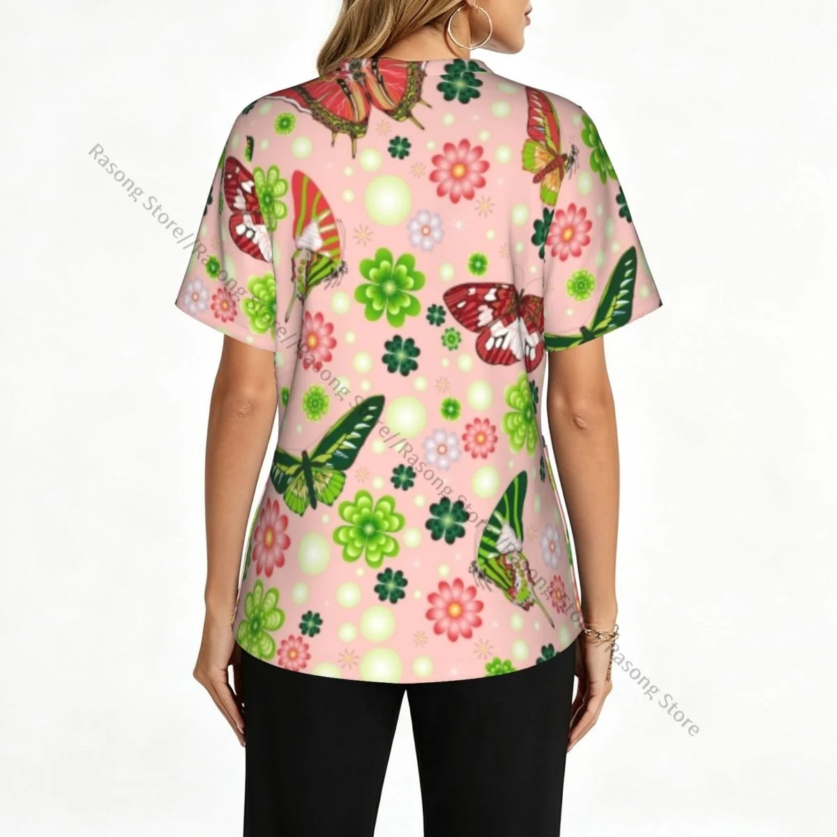 Women V Neck Scrub Top Butterflies Flowers Botanical Short Sleeve Nurse Uniforms Female Working Clothes with Pocket