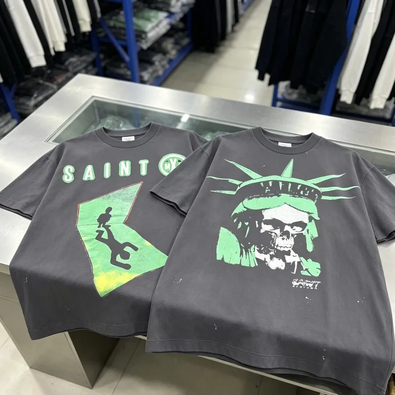 Vintage Washed Black Round Neck Short Sleeve Summer Saint Tshirts Cotton Loose Streetwear Stroke Shadow Print Men Women Tops