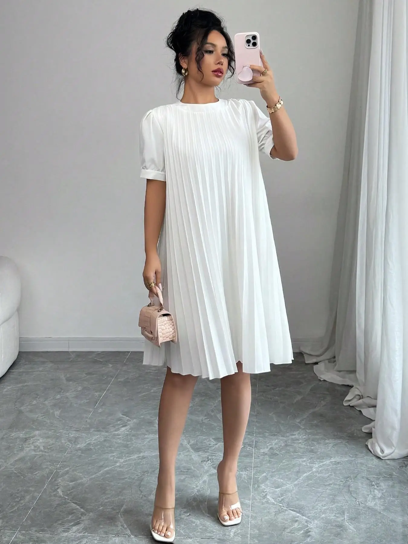 

Women's pure-Color Pleated Puff Sleeve Midi Dress-Elegant Round Neck Loose A-Line Swing Dress for Office, Casual Daily holiday